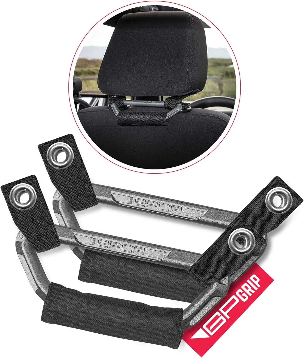 GP BackGrip PRO, Headrest Car Passenger Hand Grip for Truck & Car Wrangler JL JT JK Handle for Offroad, Kids & Seniors, Patented Jeep Accessories, Aluminum, Silver, Pack of 2