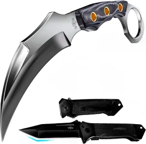 Grand Way Tactical Knife with Sheath & Micarta Handle Small Fixed Blade Knife Pocket Folding Knife - Military Style - Camping Hunting Survival Activities