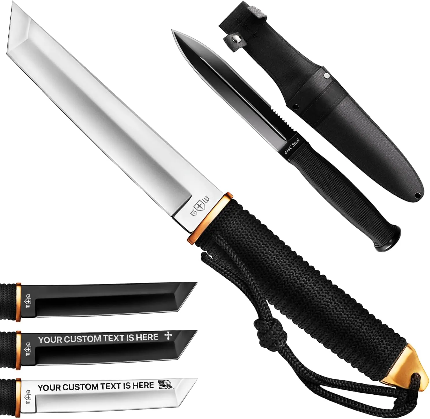Grand Way Tanto Camping Knife with Sheath – 3  Colors – 5.9" Fixed Full Tang Mirror Polished Blade – Knife for Men with Sheath – Black Tactical Knives