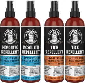 Grandpa Gus's Tick Repellent Spray, 4 oz (Pack of 2) Bundled with Mosquito Repellent Spray, 4 oz (Pack of 2)