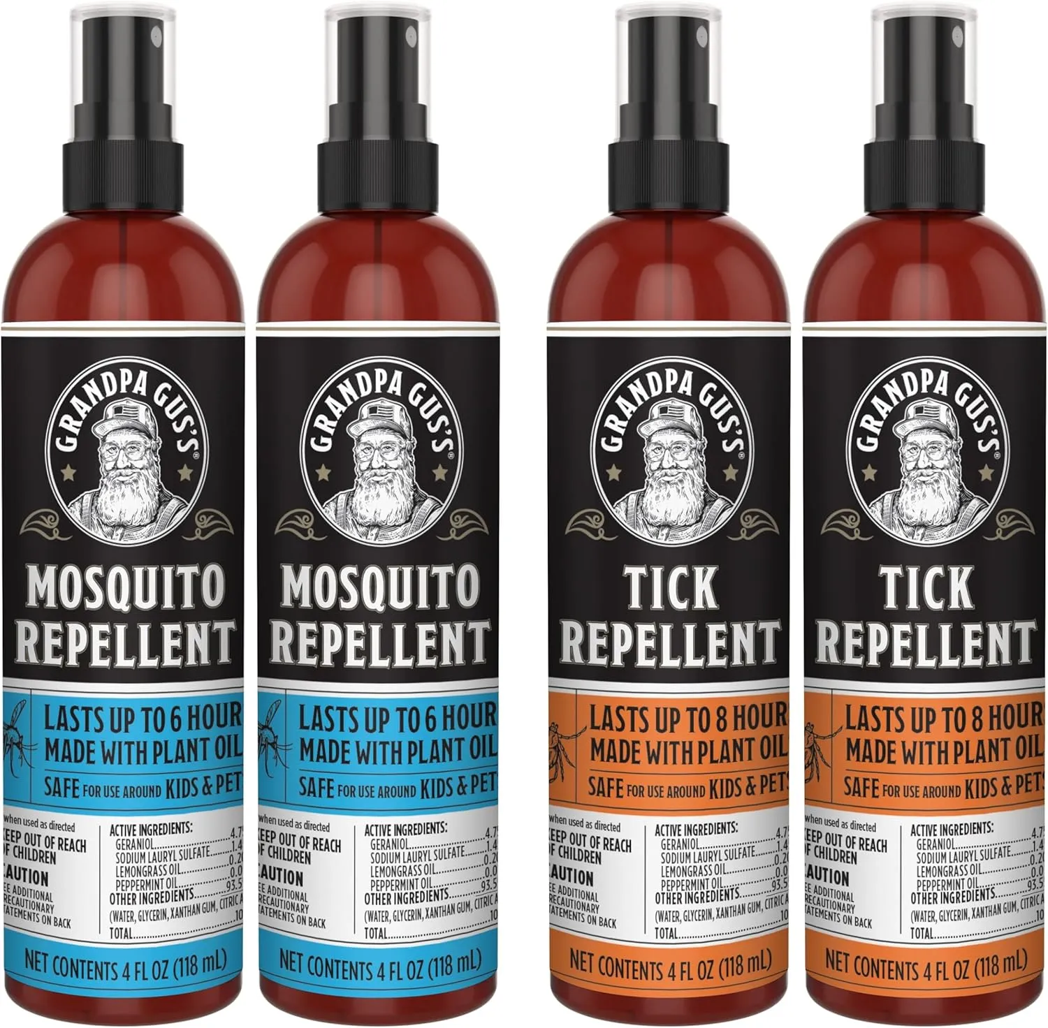 Grandpa Gus's Tick Repellent Spray, 4 oz (Pack of 2) Bundled with Mosquito Repellent Spray, 4 oz (Pack of 2)