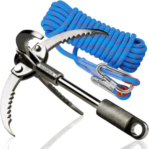 Grappling Hook and Rope 10M (32ft) - Multifunctional Heavy Duty Survival Hook - 4 Stainless Steel Folding Claws - Survival Gear - Outdoors Camping Hiking