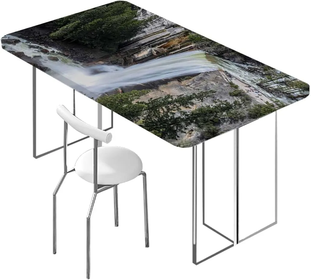 Green Elastic Fitted Tablecloth Park Alpine Forest Natural Scenic Table ​Cover ​for Kitchen Dining Party Picnic Farm House Decor Fits up 5 Foot Tables