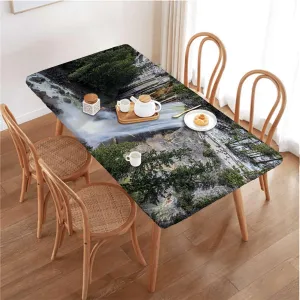 Green Elastic Fitted Tablecloth Park Alpine Forest Natural Scenic Table ​Cover ​for Kitchen Dining Party Picnic Farm House Decor Fits up 5 Foot Tables