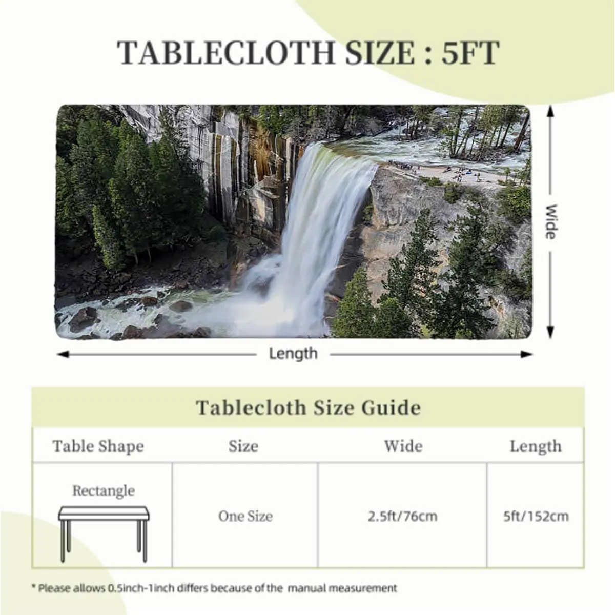 Green Elastic Fitted Tablecloth Park Alpine Forest Natural Scenic Table ​Cover ​for Kitchen Dining Party Picnic Farm House Decor Fits up 5 Foot Tables