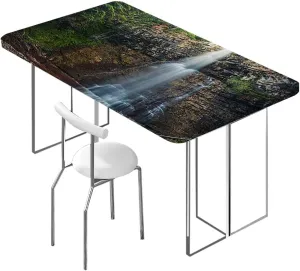 Green Elastic Fitted Tablecloths, Park Alpine Forest Natural Scenic for Outdoor Indoor Picnic Party Rectangle Table Cloth Farm House Decor Fits up 4 Foot Tables