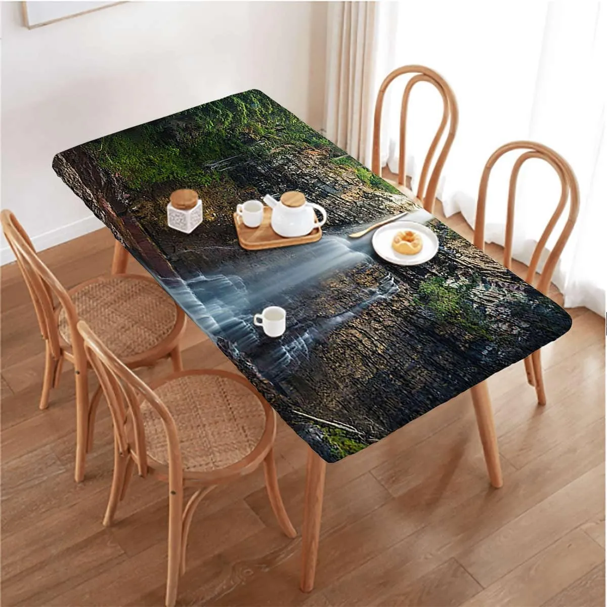 Green Elastic Fitted Tablecloths, Park Alpine Forest Natural Scenic for Outdoor Indoor Picnic Party Rectangle Table Cloth Farm House Decor Fits up 4 Foot Tables