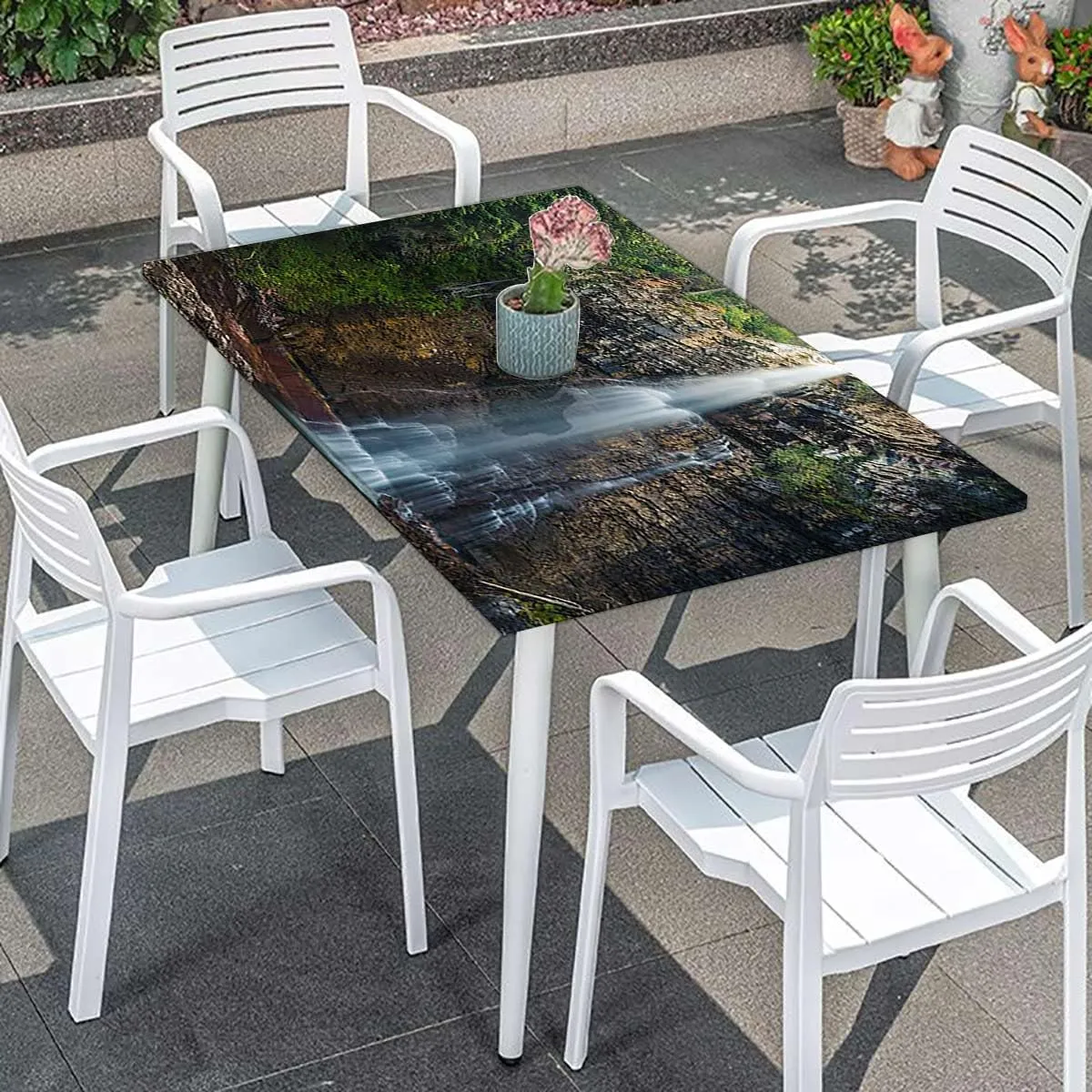 Green Elastic Fitted Tablecloths, Park Alpine Forest Natural Scenic for Outdoor Indoor Picnic Party Rectangle Table Cloth Farm House Decor Fits up 4 Foot Tables