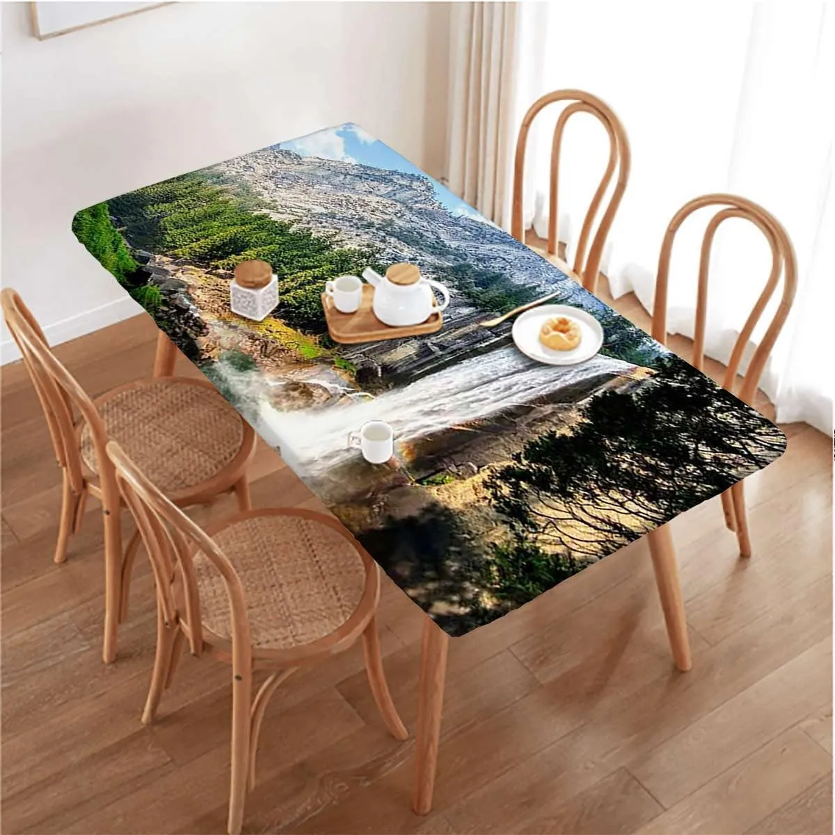 Green Fitted Tablecloth for Rectangle Table Park Alpine Forest Natural Scenic Rectangle Table Cover for Outdoor Picnic Camping Parties Farm House Decor Fits up 4 Foot Tables