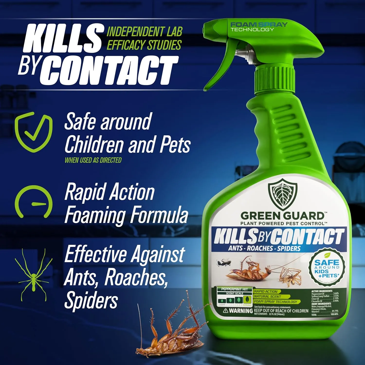 Green Guard Pest Control Spray- Safe Around Children & Pets, Kills by Contact: Ants, Roaches, Spiders & Other Crawling Insects, Indoor and Outdoor, Pleasant Scent (Peppermint Hit, 16oz)