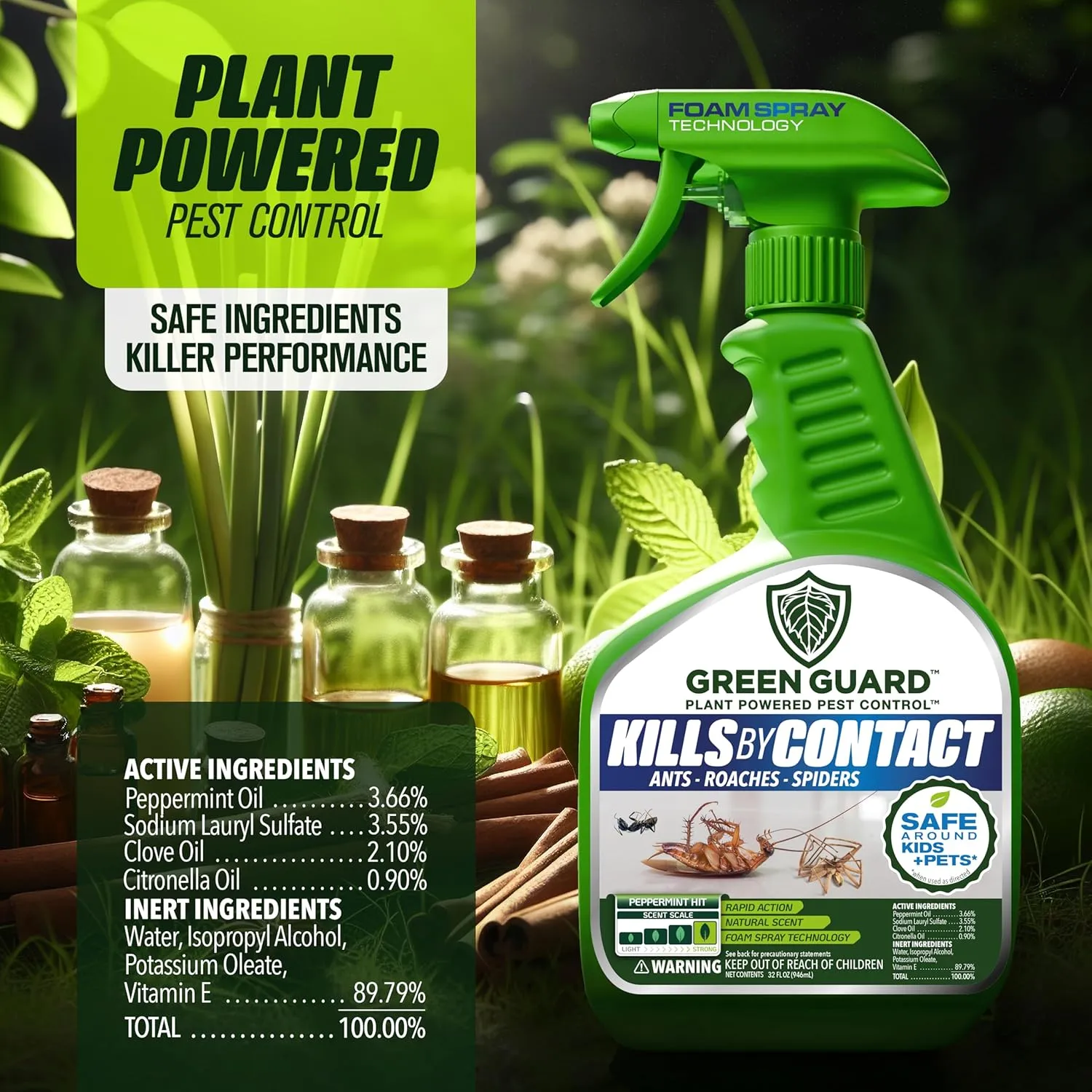 Green Guard Pest Control Spray- Safe Around Children & Pets, Kills by Contact: Ants, Roaches, Spiders & Other Crawling Insects, Indoor and Outdoor, Pleasant Scent (Peppermint Hit, 32oz)