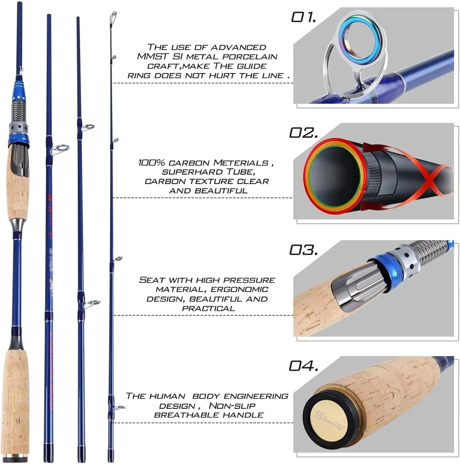GRFIT Fishing Rod Section Fishing Rod 2.1m 2.4m Portable M Power Carbon Fiber Ultralight Carbon Fiber Travel Rod Portable Fishing Rod