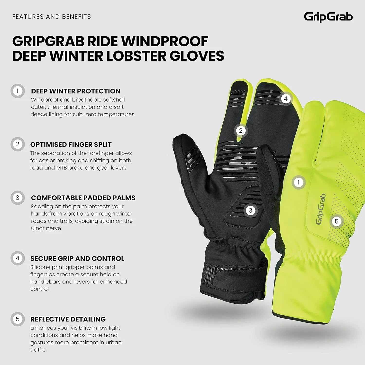 GripGrab Ride Windproof Deep Winter Lobster 3-Finger Cycling Gloves Thermal Fleece Lined Padded Windproof Cold Weather Water-Repellent