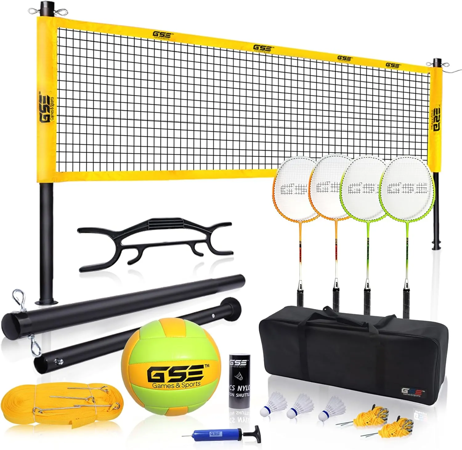 GSE Games & Sports Expert Outdoor Yard Sports Net Game Set for Backyards, Parks, Beach, Lawn. Volleyball Set, Badminton Set OR Volleyball & Badminton Combo Set Available
