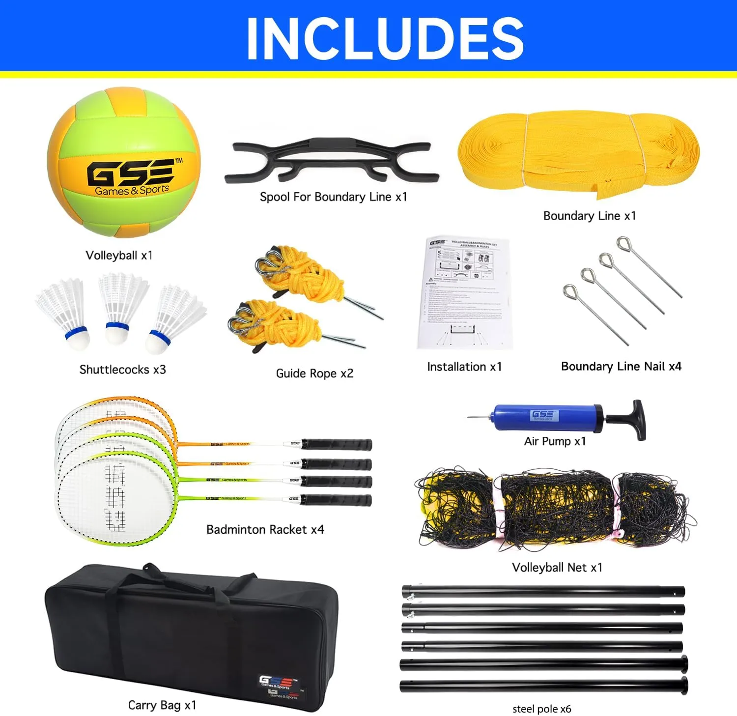GSE Games & Sports Expert Outdoor Yard Sports Net Game Set for Backyards, Parks, Beach, Lawn. Volleyball Set, Badminton Set OR Volleyball & Badminton Combo Set Available