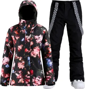 GSOU SNOW Women's Ski Jackets and Pants Set Snowboarding Snowsuit Snow Coat Hooded Waterproof Windproof
