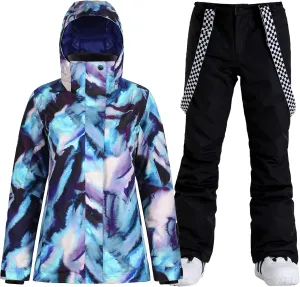 GSOU SNOW Women's Ski Jackets and Pants Set Snowboarding Snowsuit Snow Coat Hooded Waterproof Windproof