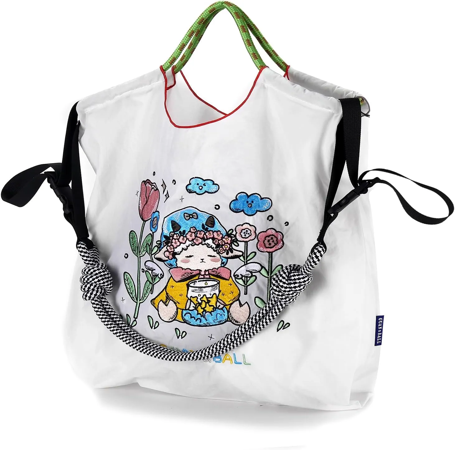Guan&Ball Lady Tote bag, a lamb embroidered nylon bag, is the perfect companion for shopping and travel