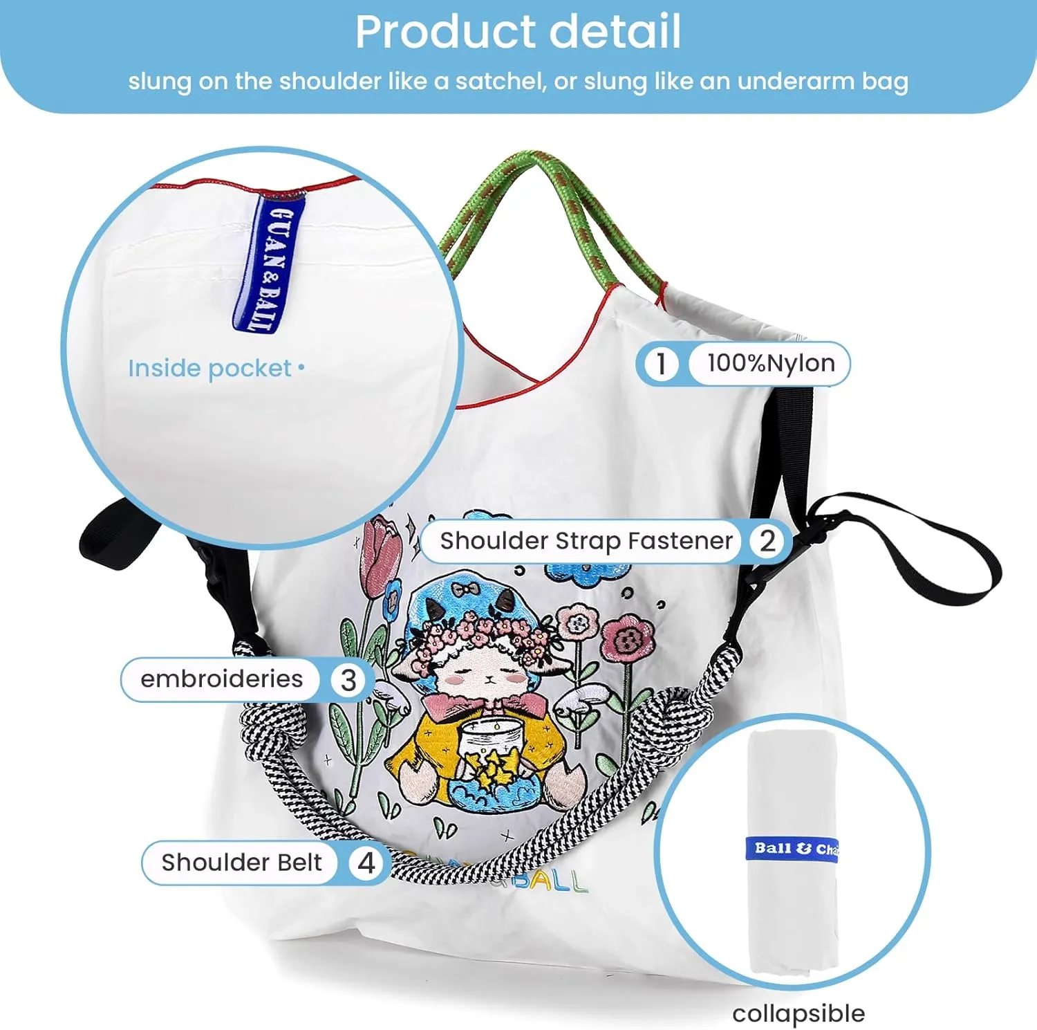 Guan&Ball Lady Tote bag, a lamb embroidered nylon bag, is the perfect companion for shopping and travel