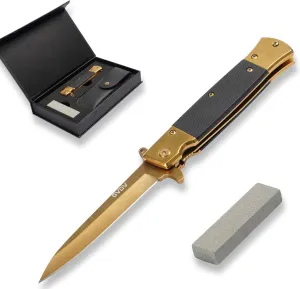 GVDV Folding Pocket Knife with G10 Handle, 7Cr17 Stainless Steel EDC Knife with Safety Liner-Lock, Camping Hunting Fishing Knife for Men Women, Gold