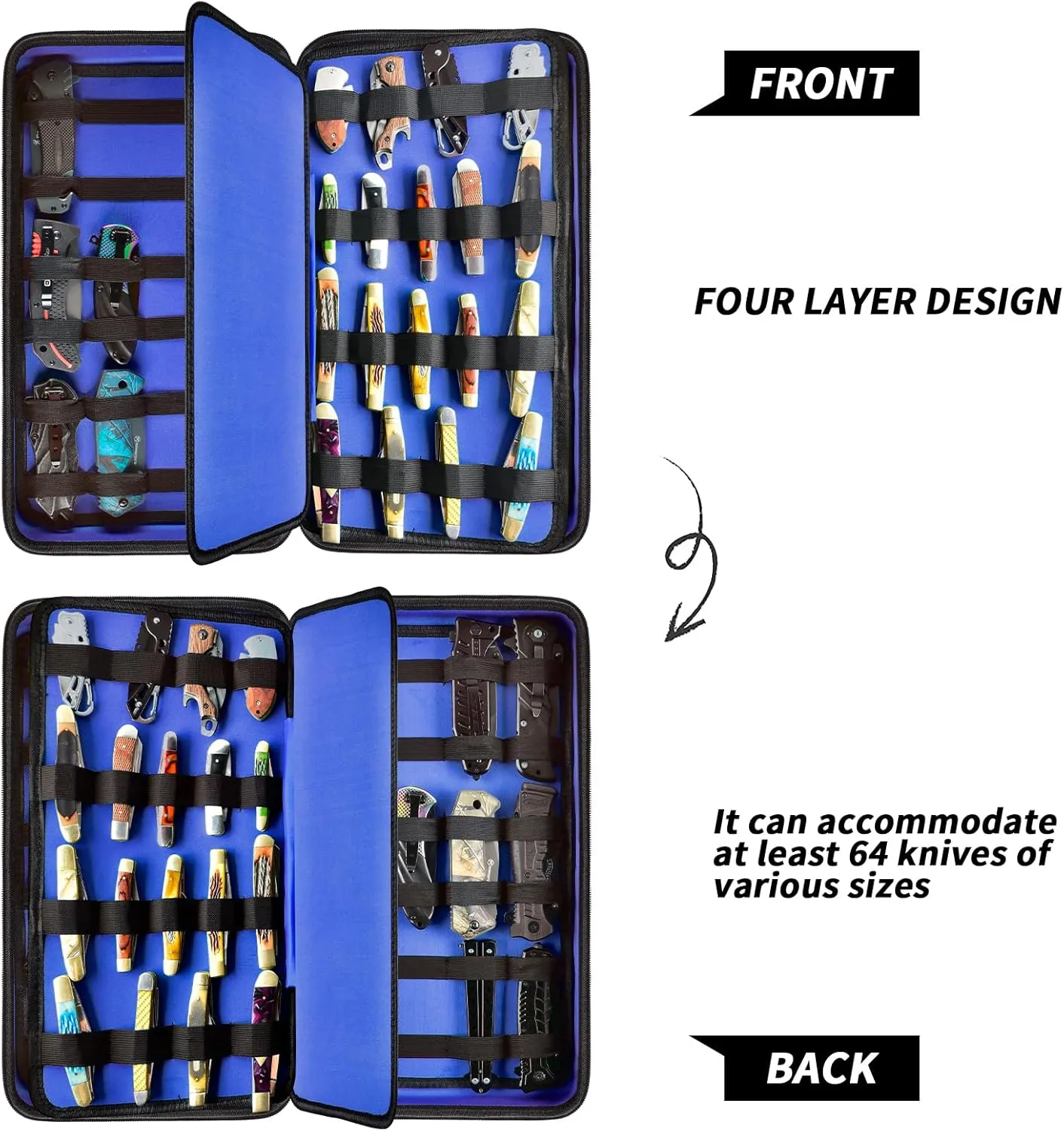 GWCASE Display Case for 66  Pocket Knives. Folding Holder, Butterfly Storage Organizer, Roll Collection Pouch Carrier Bag for Survival Tactical Outdoor for EDC Mini Knife -Blue