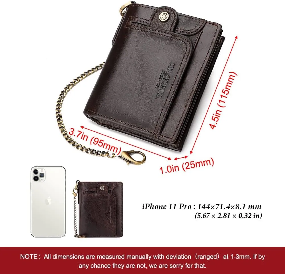 gzcz Mens Wallets with Chain Genuine Leather Bifold Wallet for Mens Rfid Blocking Mens Purse With Credit Card (Coffee)