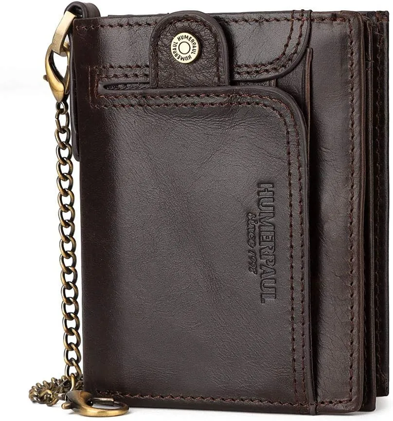 gzcz Mens Wallets with Chain Genuine Leather Bifold Wallet for Mens Rfid Blocking Mens Purse With Credit Card (Coffee)