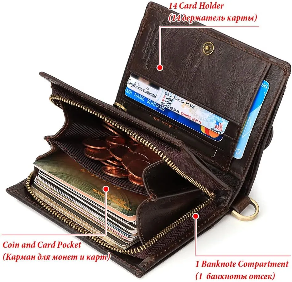 gzcz Mens Wallets with Chain Genuine Leather Bifold Wallet for Mens Rfid Blocking Mens Purse With Credit Card (Coffee)