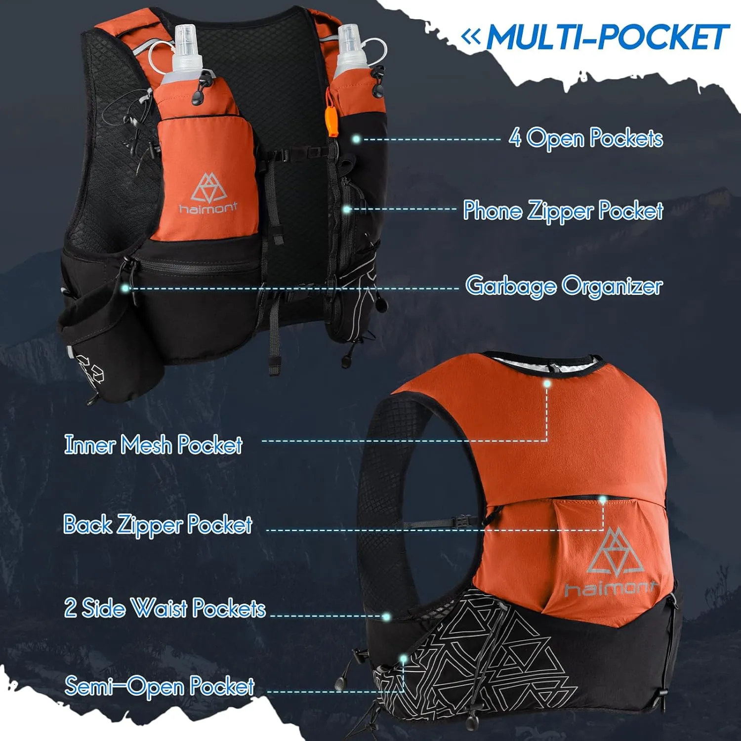 Haimont Hydration Running Vest with Water Bottles for Women Men, Adjustable Lightweight 8L Water Backpack with Soft Flasks for Trail Running
