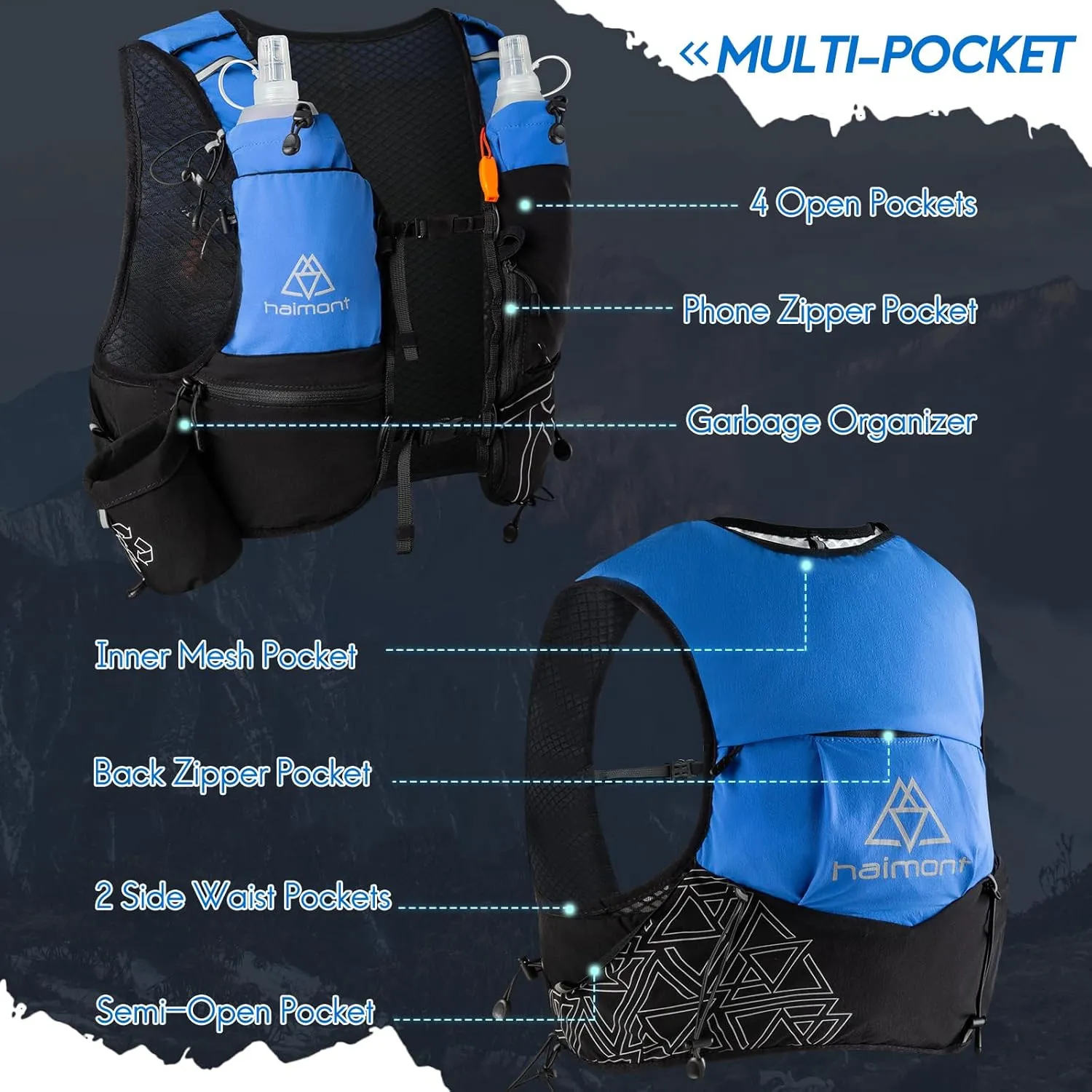 Haimont Hydration Running Vest with Water Bottles for Women Men, Adjustable Lightweight 8L Water Backpack with Soft Flasks for Trail Running