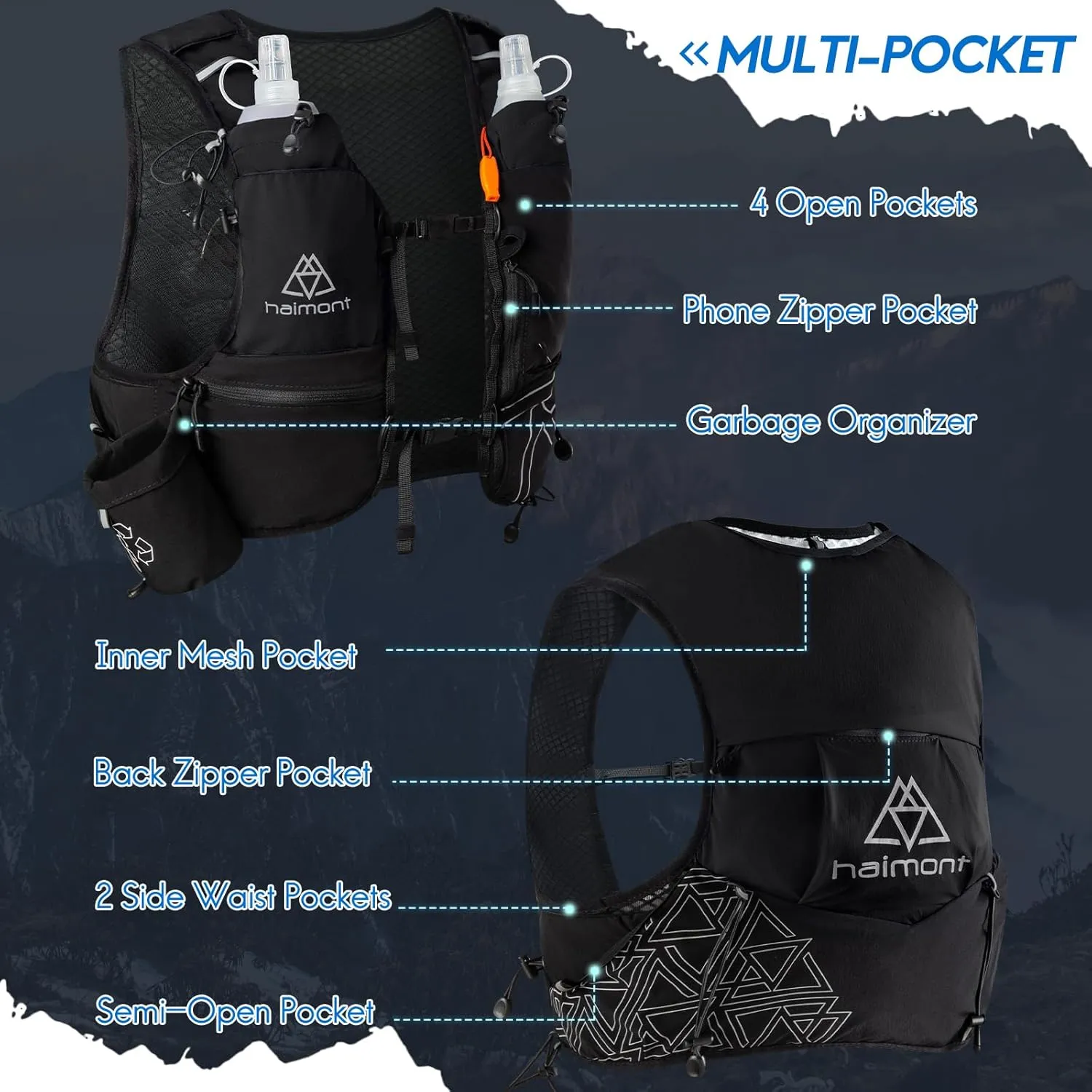 Haimont Hydration Running Vest with Water Bottles for Women Men, Adjustable Lightweight 8L Water Backpack with Soft Flasks for Trail Running