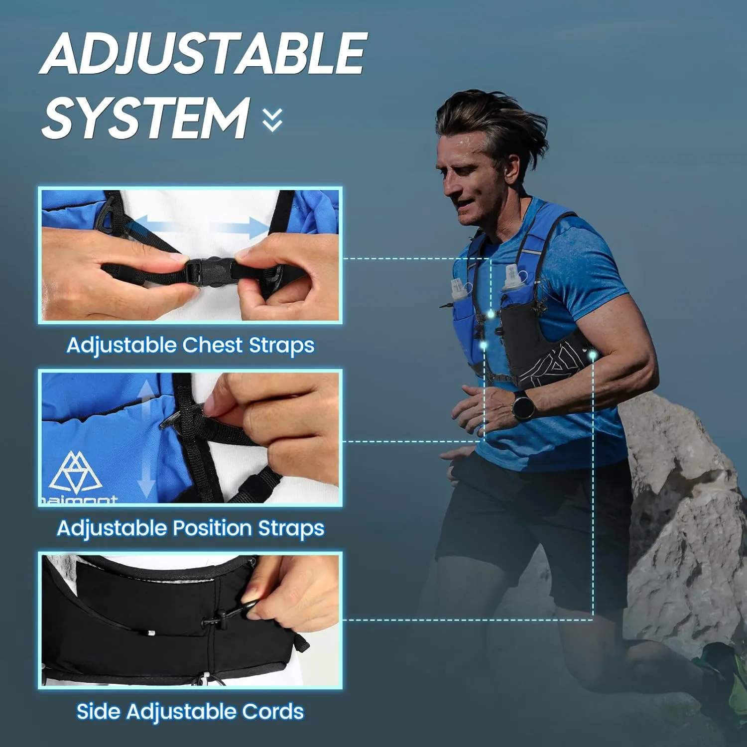 Haimont Hydration Running Vest with Water Bottles for Women Men, Adjustable Lightweight 8L Water Backpack with Soft Flasks for Trail Running