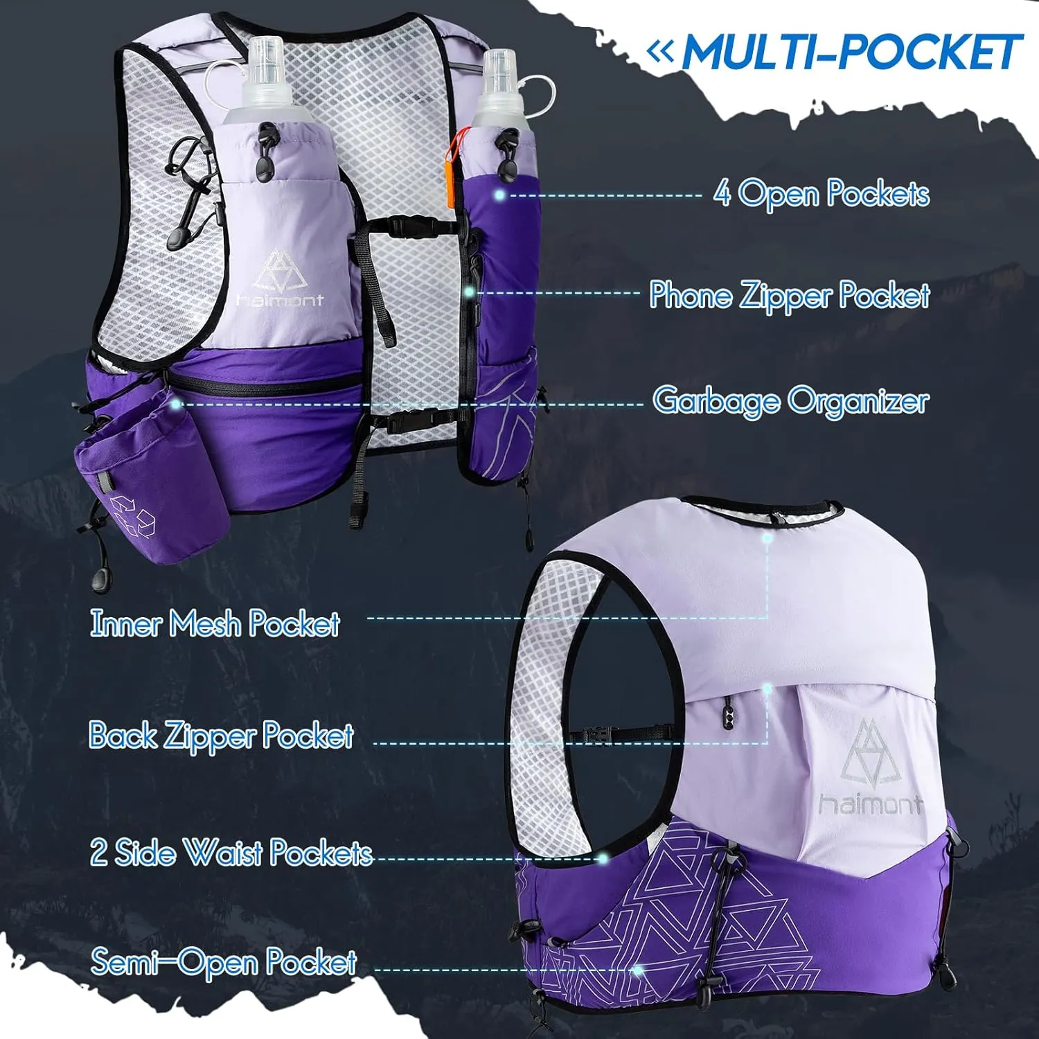 Haimont Hydration Running Vest with Water Bottles for Women Men, Adjustable Lightweight 8L Water Backpack with Soft Flasks for Trail Running