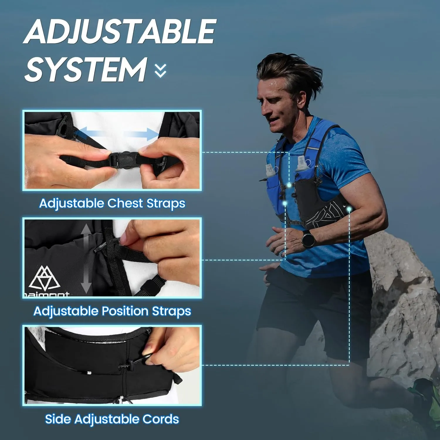 Haimont Hydration Running Vest with Water Bottles for Women Men, Adjustable Lightweight 8L Water Backpack with Soft Flasks for Trail Running