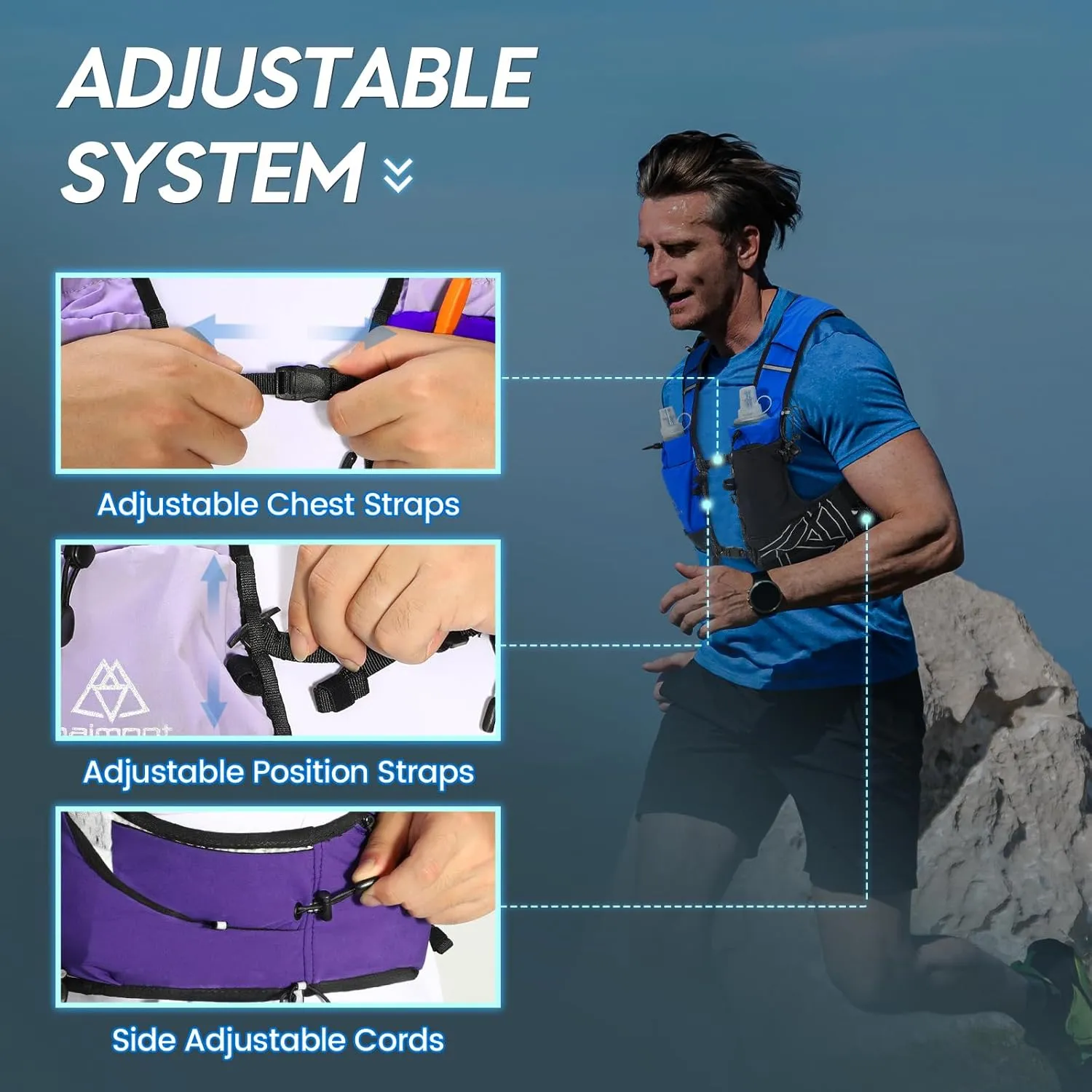 Haimont Hydration Running Vest with Water Bottles for Women Men, Adjustable Lightweight 8L Water Backpack with Soft Flasks for Trail Running