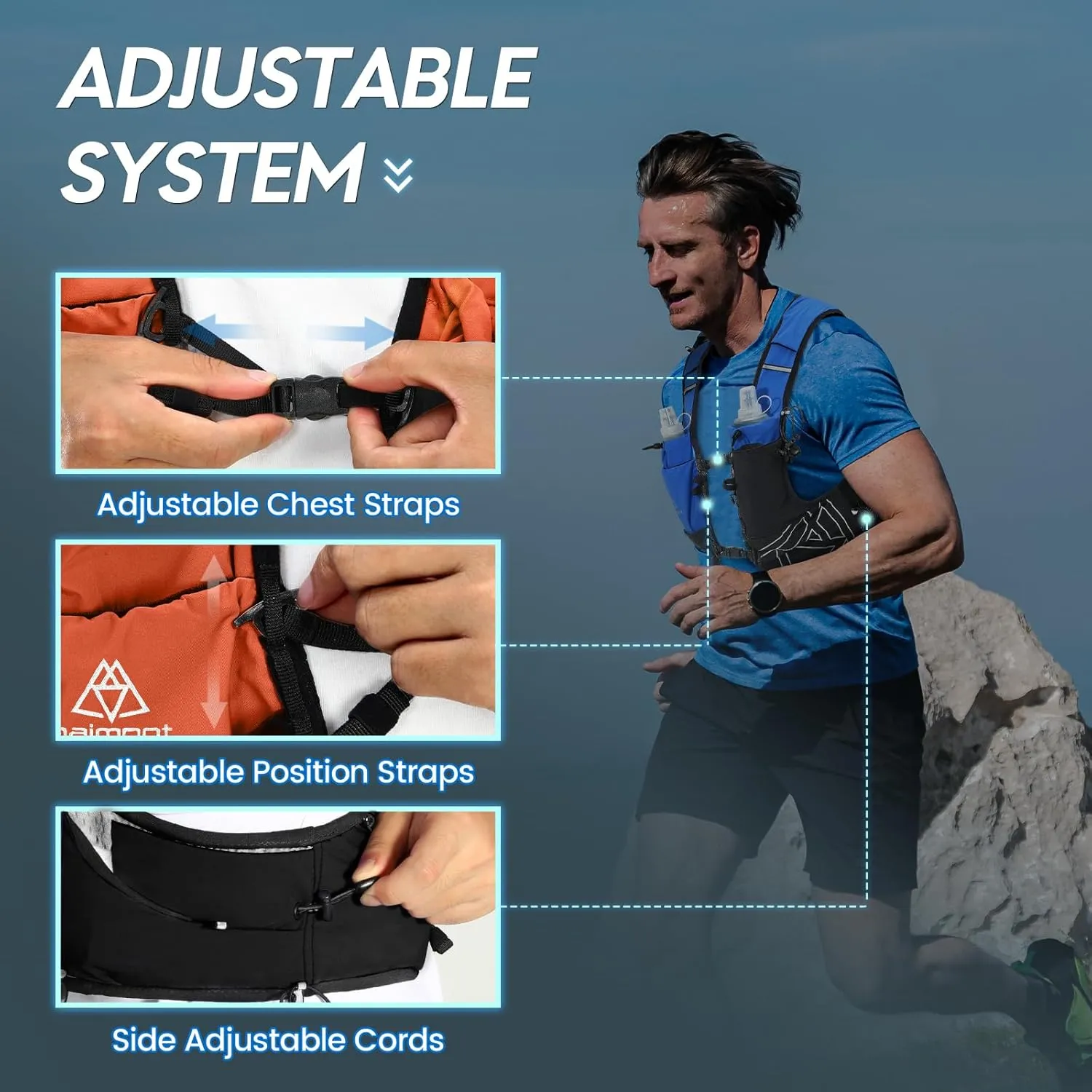Haimont Hydration Running Vest with Water Bottles for Women Men, Adjustable Lightweight 8L Water Backpack with Soft Flasks for Trail Running