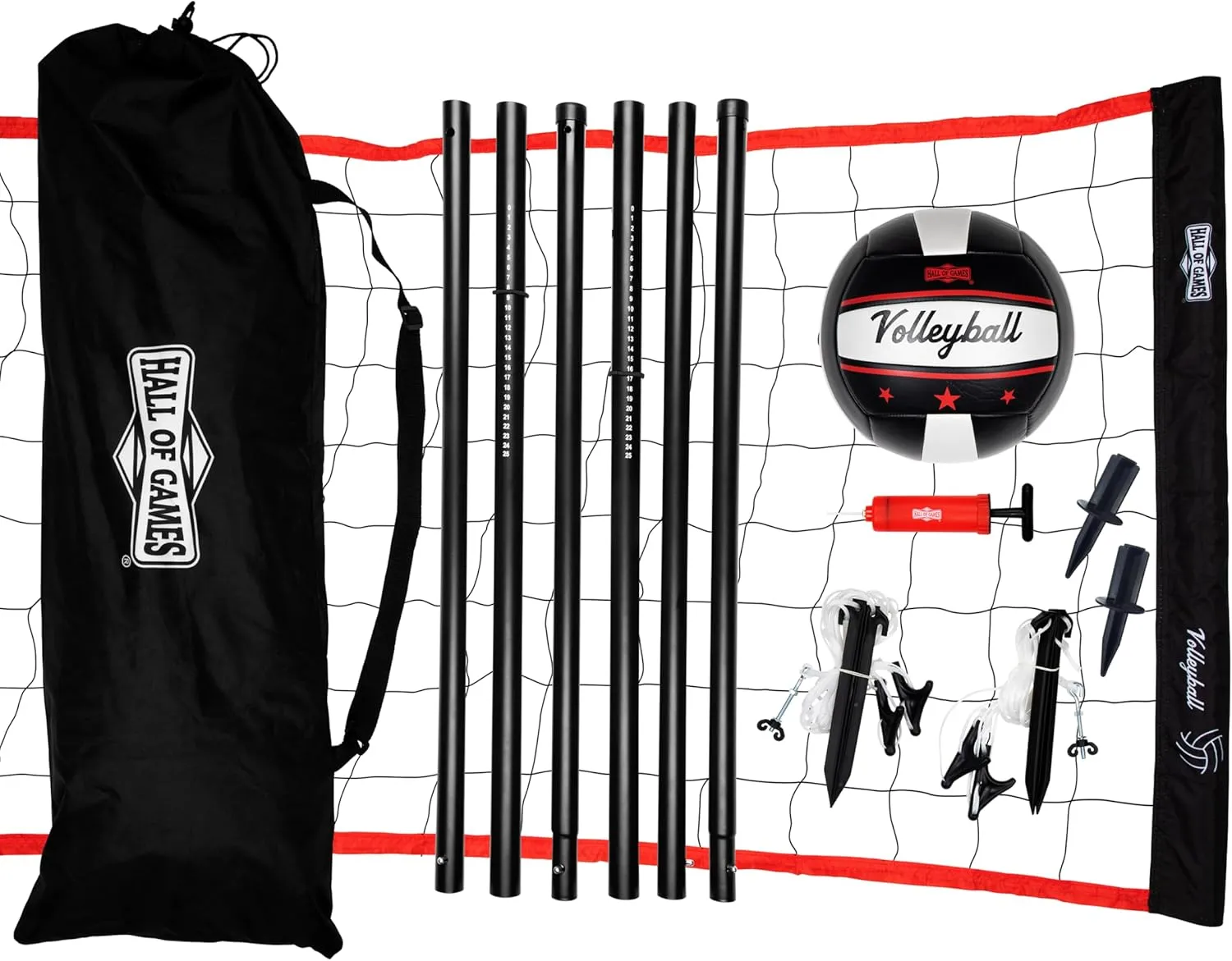 Hall of Games Outdoor Volleyball Net and Carrying Bag Set with Adjustable Steel Poles and Official Size Volleyball Perfect for Parties