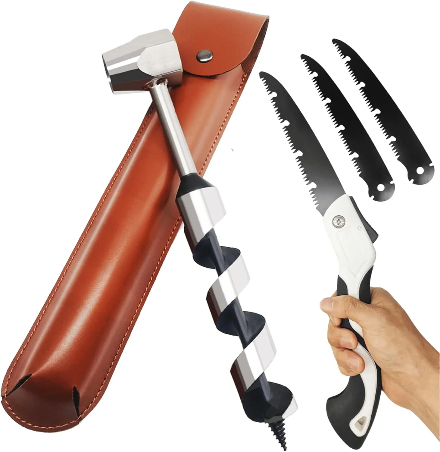 Hand Auger Wood Drill, Upgrade Welds Bushcraft Auger w/ Sharp Scottish Eye, Survival Tools for Bushcraft Projects/ Camping/Outdoors, 1*10inch Settlers Wrench & Folding Saw Kit, Bushcraft Gear