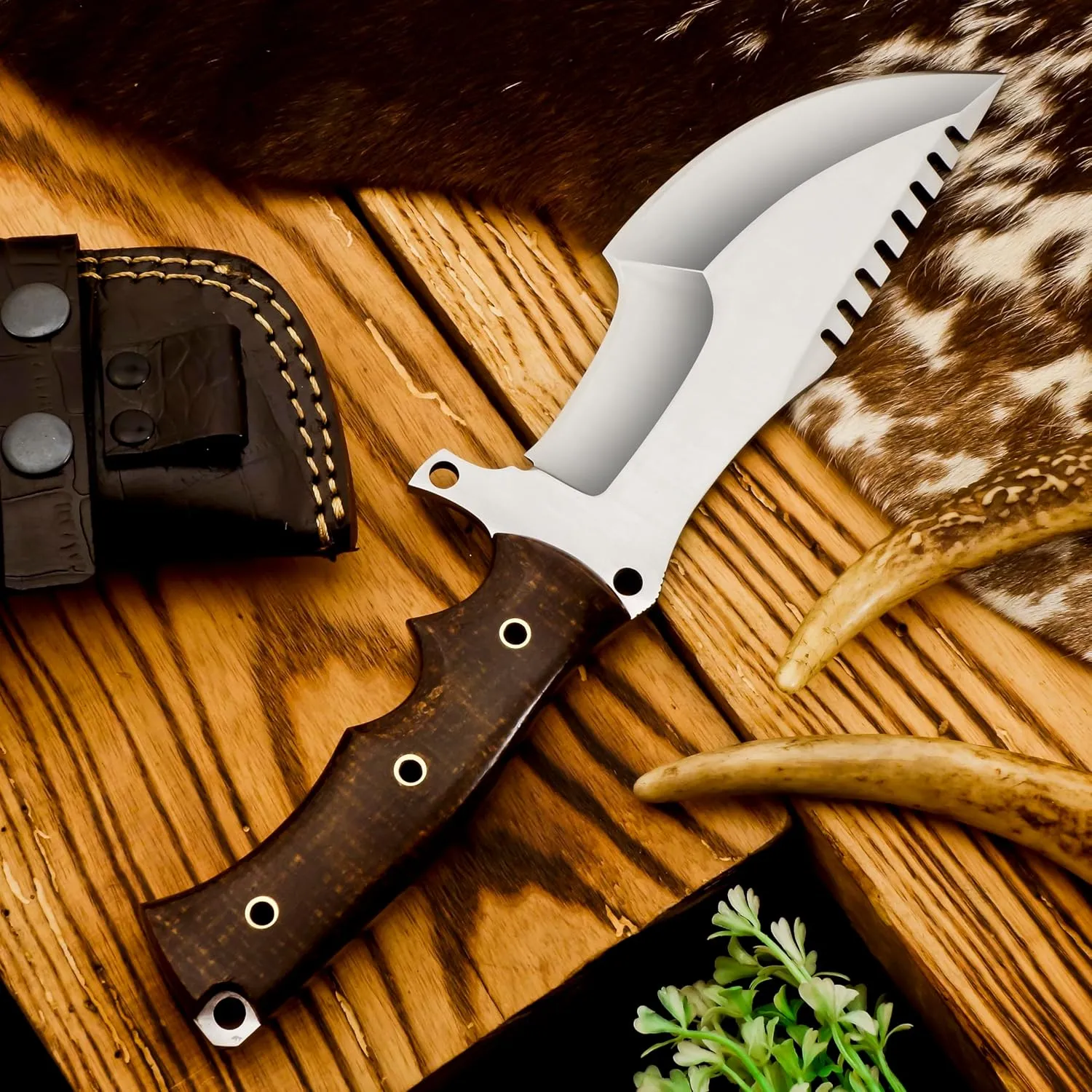 Handmade D2 steel Tracker knife. 11 inches Fixed blade with leather sheath Bushcraft outdoor survival camping knife and everyday carry tools., Brown white