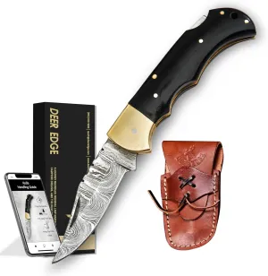 Handmade Damascus Folding Pocket Knife with Brass Bolster and Black Handle – EDC Camping, Survival, Hunting Knife – Compact Damascus Steel Gift for Men – Ideal Outdoor Adventure