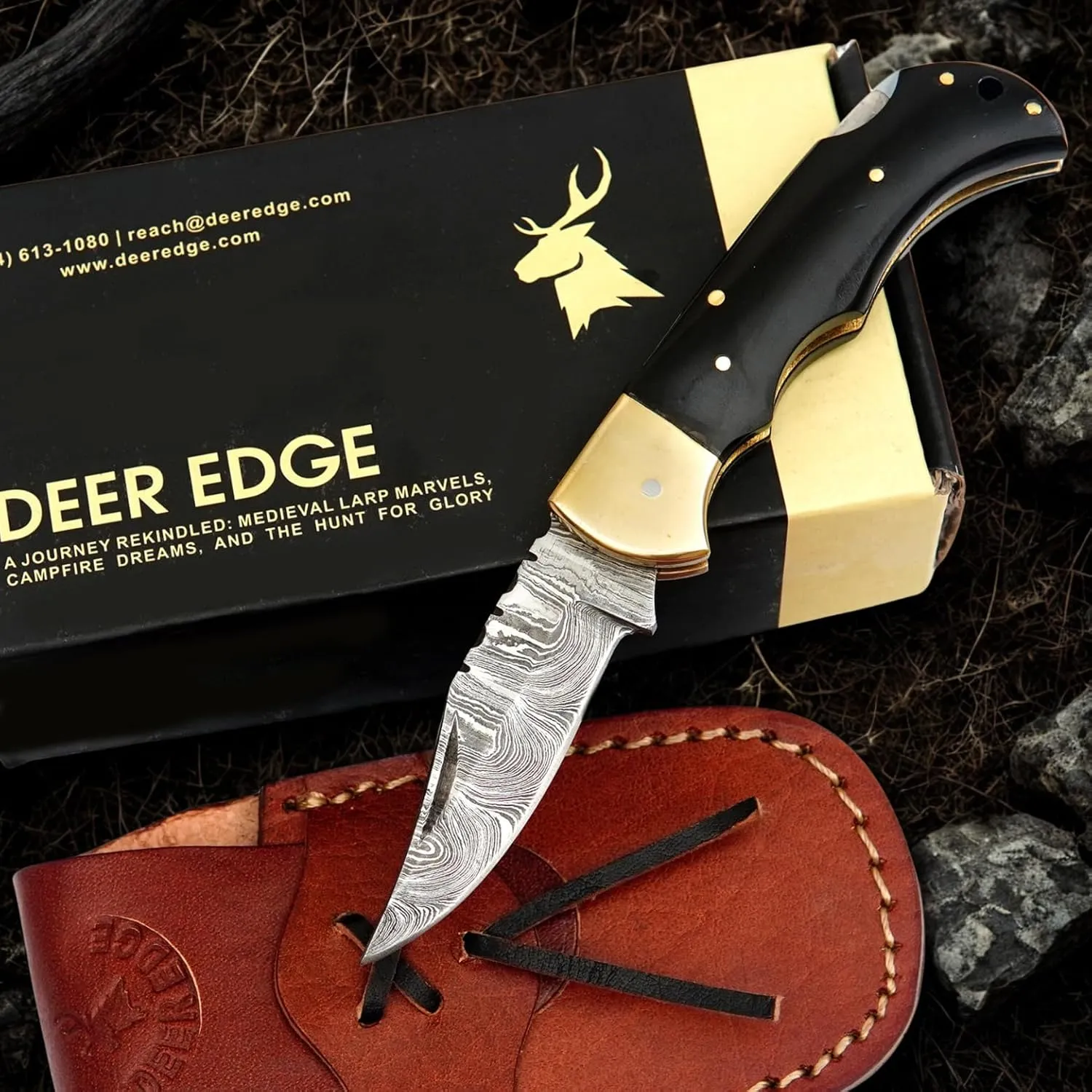 Handmade Damascus Folding Pocket Knife with Brass Bolster and Black Handle – EDC Camping, Survival, Hunting Knife – Compact Damascus Steel Gift for Men – Ideal Outdoor Adventure