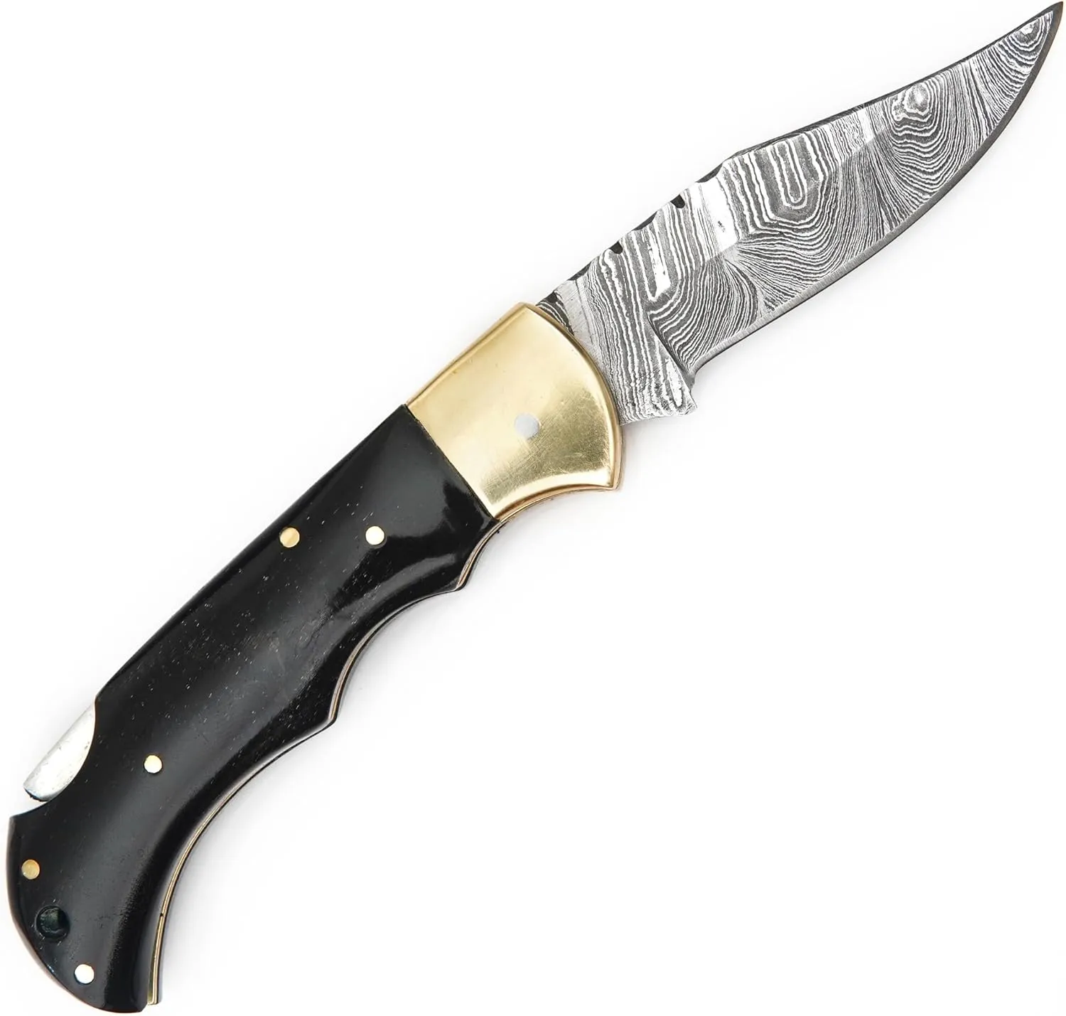 Handmade Damascus Folding Pocket Knife with Brass Bolster and Black Handle – EDC Camping, Survival, Hunting Knife – Compact Damascus Steel Gift for Men – Ideal Outdoor Adventure