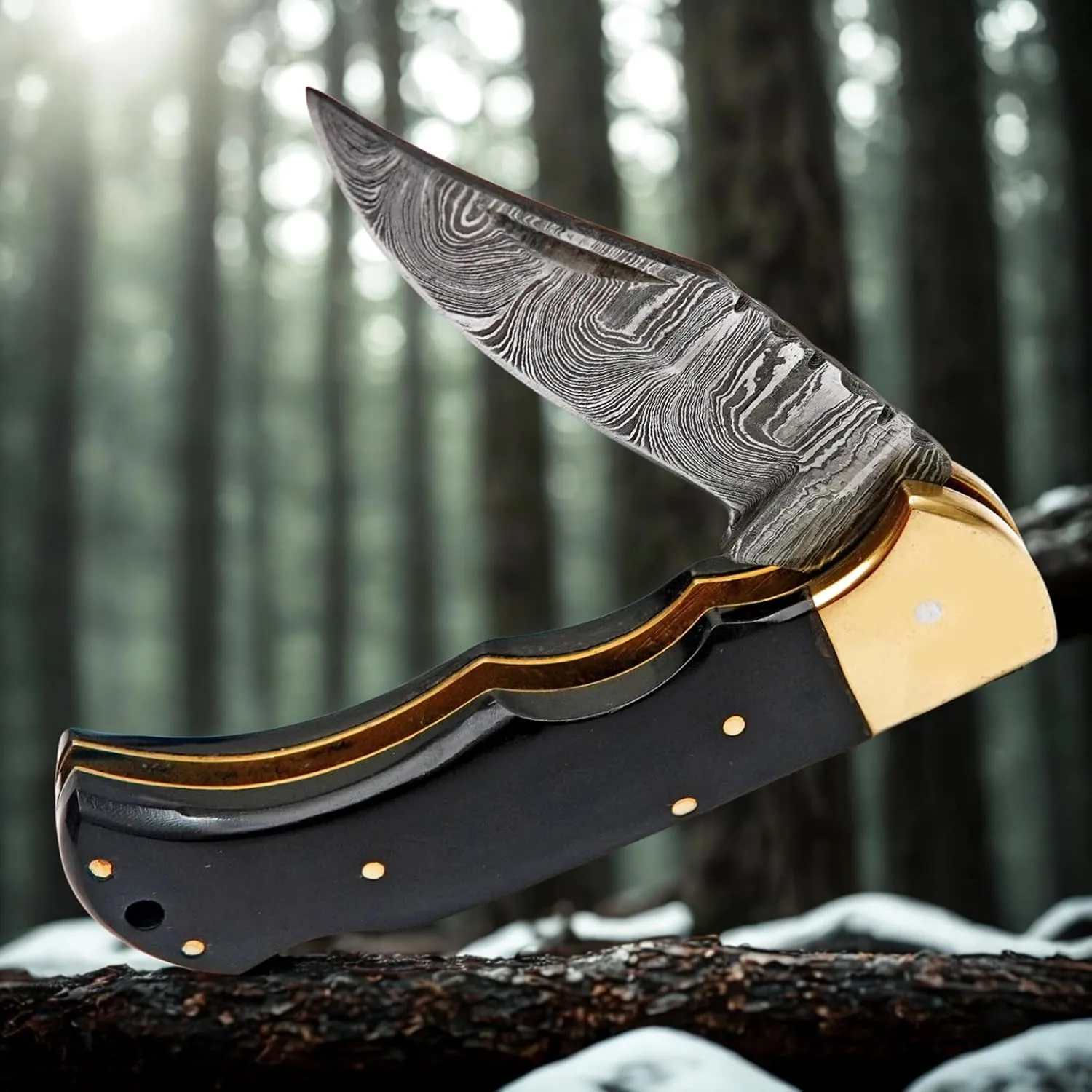 Handmade Damascus Folding Pocket Knife with Brass Bolster and Black Handle – EDC Camping, Survival, Hunting Knife – Compact Damascus Steel Gift for Men – Ideal Outdoor Adventure