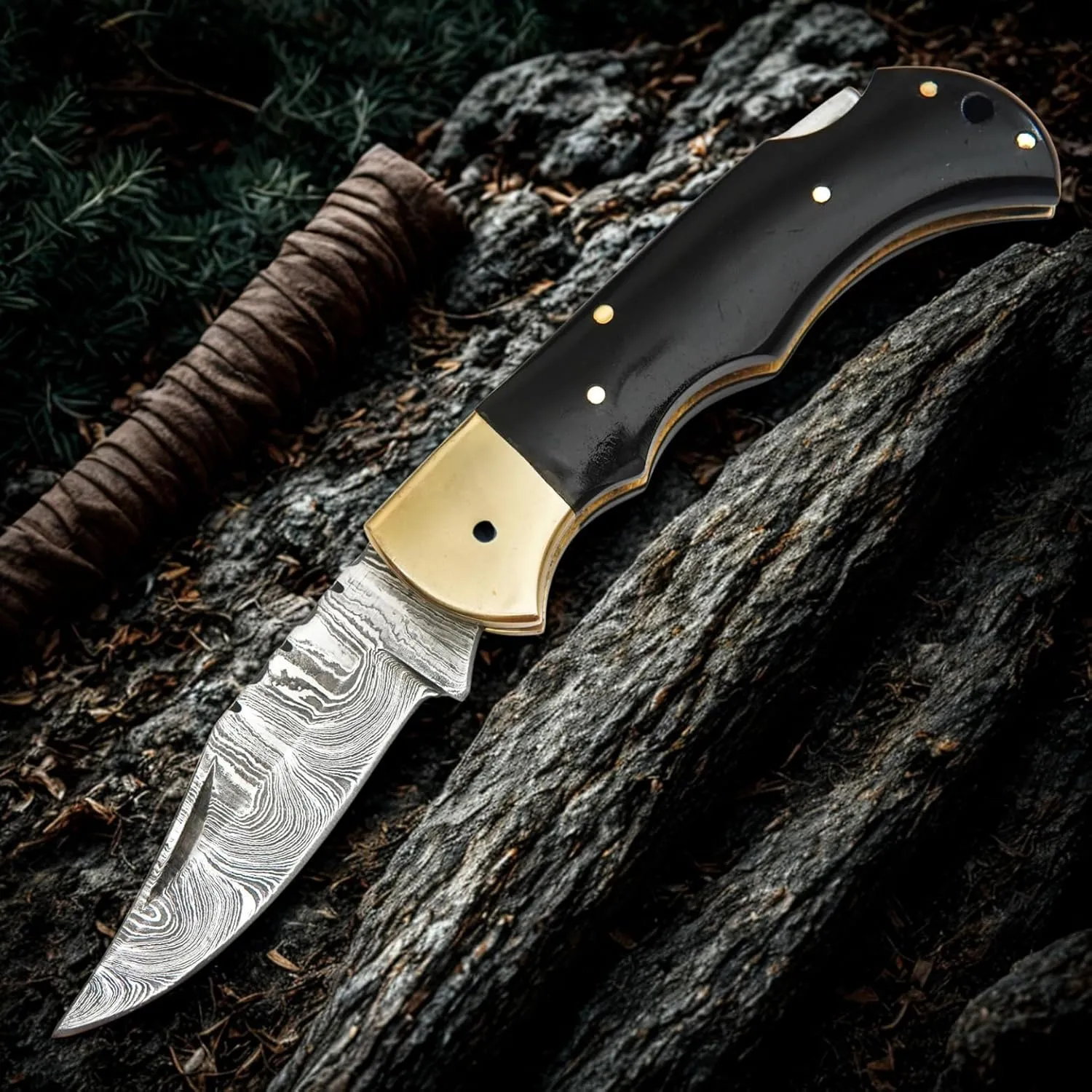 Handmade Damascus Folding Pocket Knife with Brass Bolster and Black Handle – EDC Camping, Survival, Hunting Knife – Compact Damascus Steel Gift for Men – Ideal Outdoor Adventure