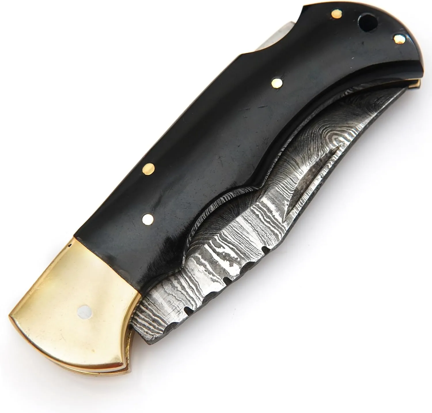 Handmade Damascus Folding Pocket Knife with Brass Bolster and Black Handle – EDC Camping, Survival, Hunting Knife – Compact Damascus Steel Gift for Men – Ideal Outdoor Adventure