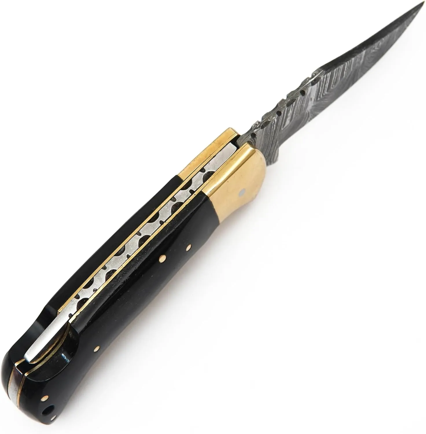 Handmade Damascus Folding Pocket Knife with Brass Bolster and Black Handle – EDC Camping, Survival, Hunting Knife – Compact Damascus Steel Gift for Men – Ideal Outdoor Adventure