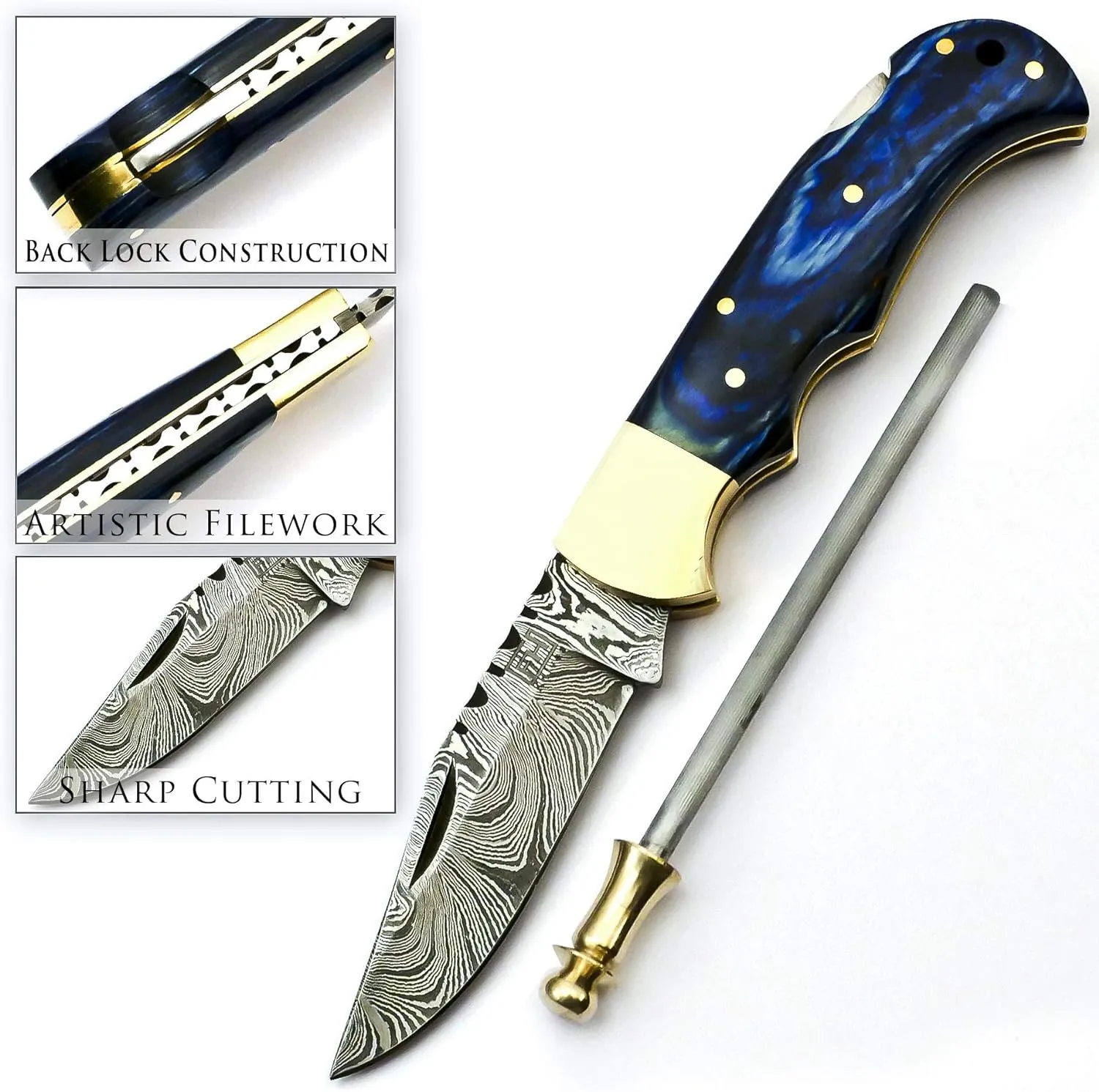Handmade Damascus Pocket Knife for Men - 6.5 Inch Damascus Knife with Sheath - Damascus Folding Knife - Damascus Hunting Knife - Damascus Steel Pocket Knives with Back Lock for EDC, Camping, Hiking