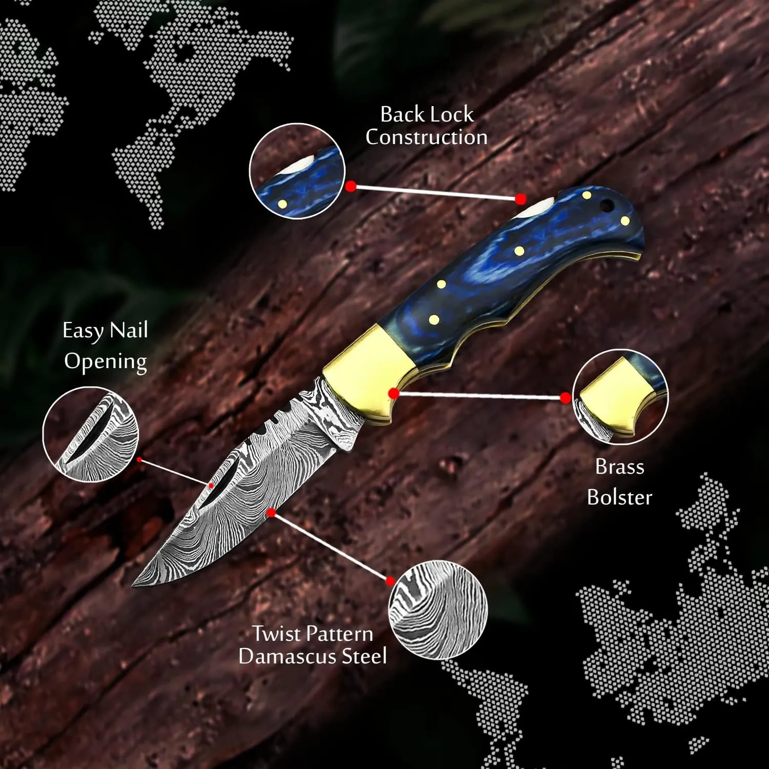 Handmade Damascus Pocket Knife for Men - 6.5 Inch Damascus Knife with Sheath - Damascus Folding Knife - Damascus Hunting Knife - Damascus Steel Pocket Knives with Back Lock for EDC, Camping, Hiking