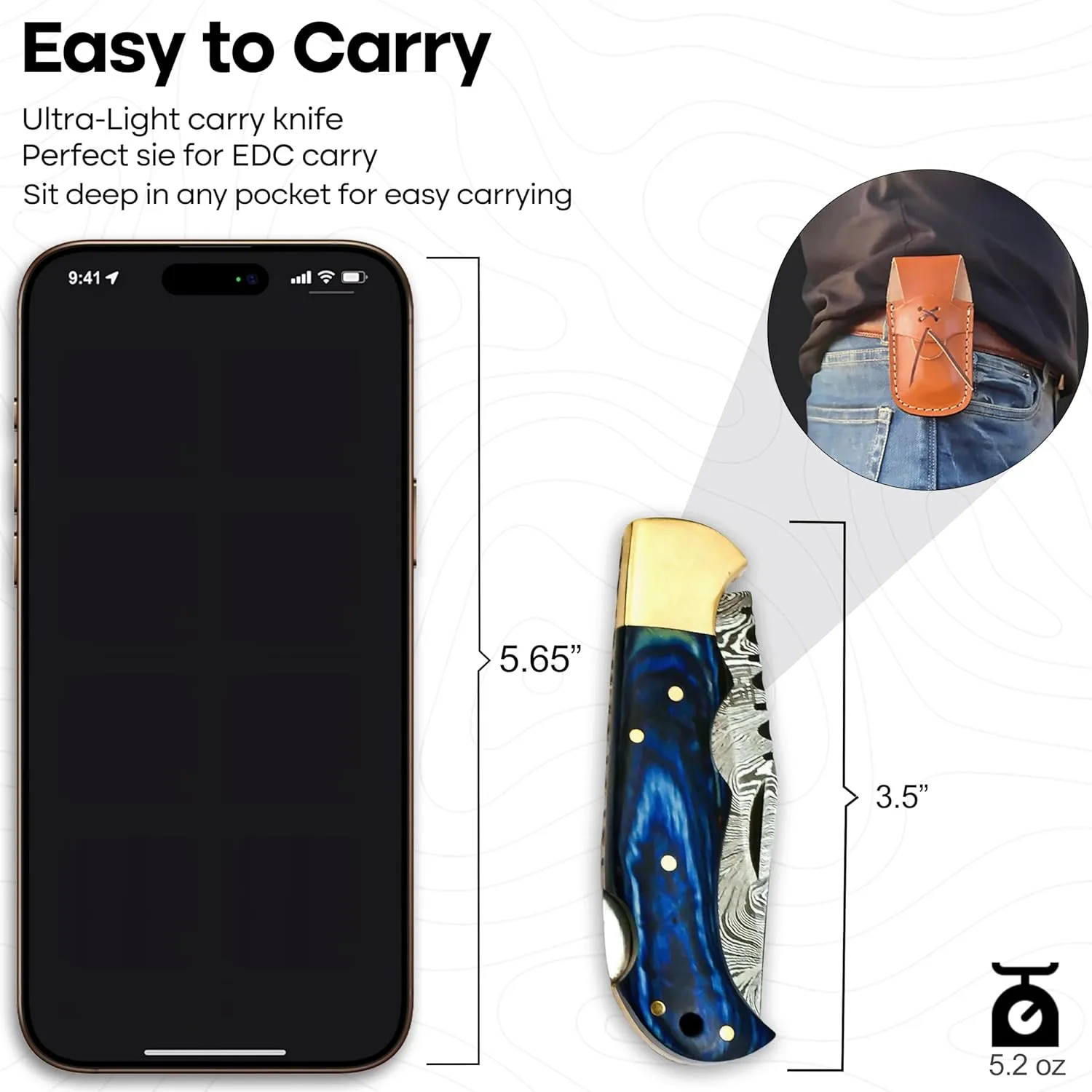 Handmade Damascus Pocket Knife for Men - 6.5 Inch Damascus Knife with Sheath - Damascus Folding Knife - Damascus Hunting Knife - Damascus Steel Pocket Knives with Back Lock for EDC, Camping, Hiking