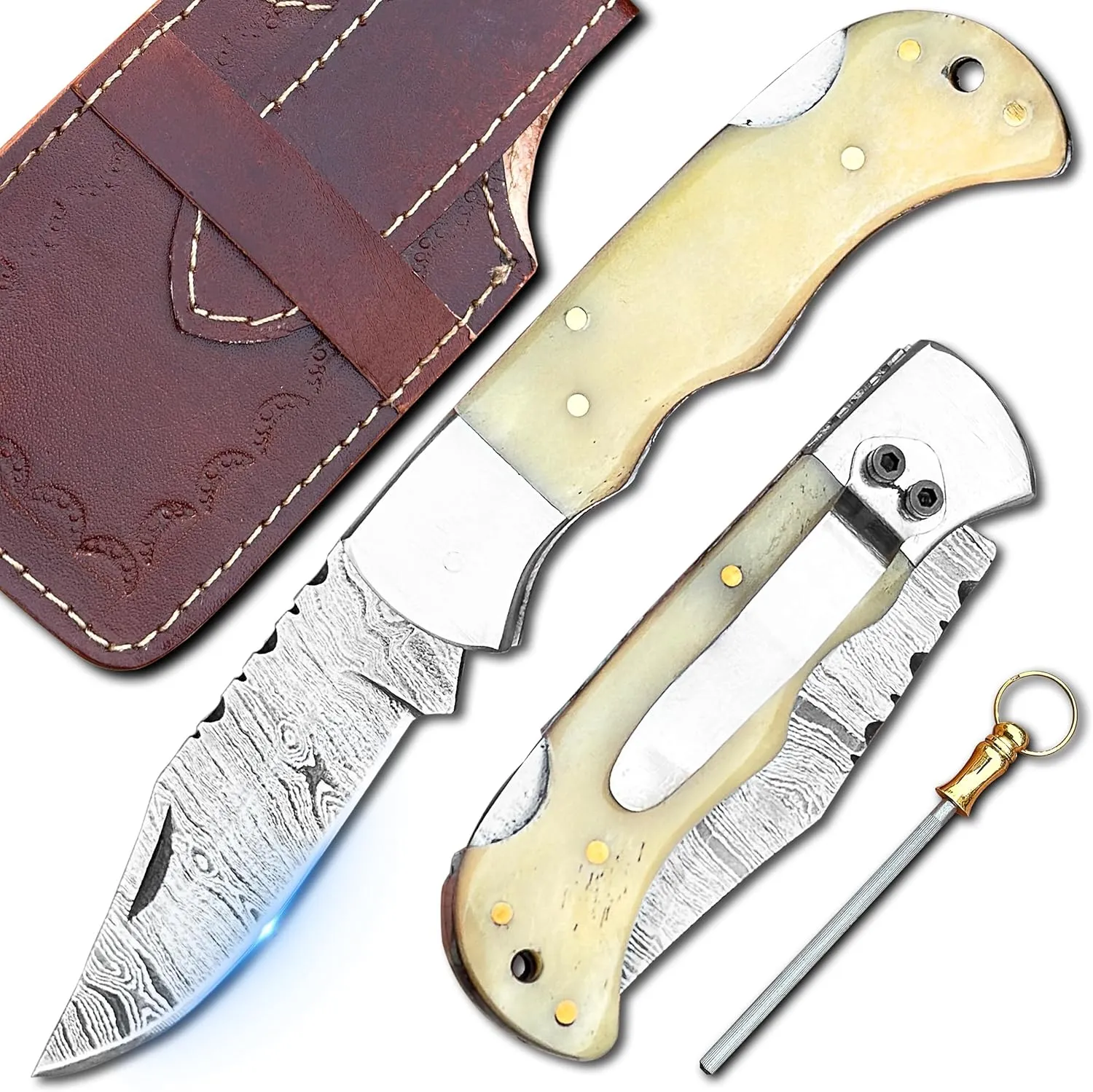 Handmade Damascus Pocket Knife with Leather Sheath & Sharpener - 7” Sharp Folding Knife with Back Lock - Damascus Hunting Knife - Best EDC Knife for Outdoor Survival Camping Collection, WHITE